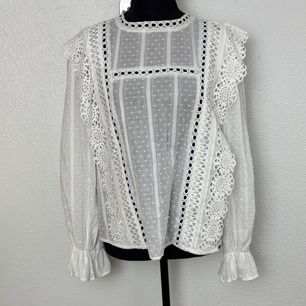By the River NWT White Swiss Dot Eyelet Lace Blouse Size L